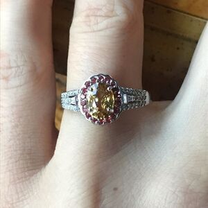 Natural Red Sapphire Yellow Zircon Sterling Silver Halo Ring Size 9